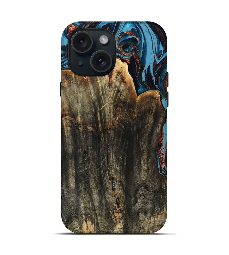 iPhone 15 Wood Live Edge Phone Case - Jasmin (Teal & Gold, 799710)