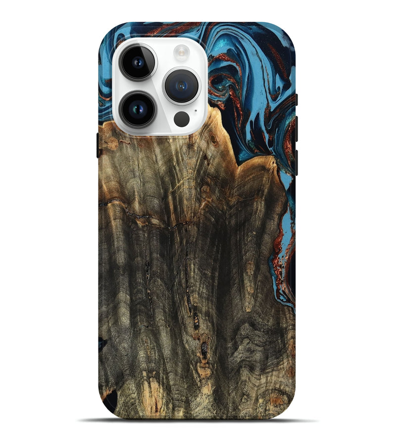 iPhone 15 Pro Max Wood Live Edge Phone Case - Jasmin (Teal & Gold, 799710)