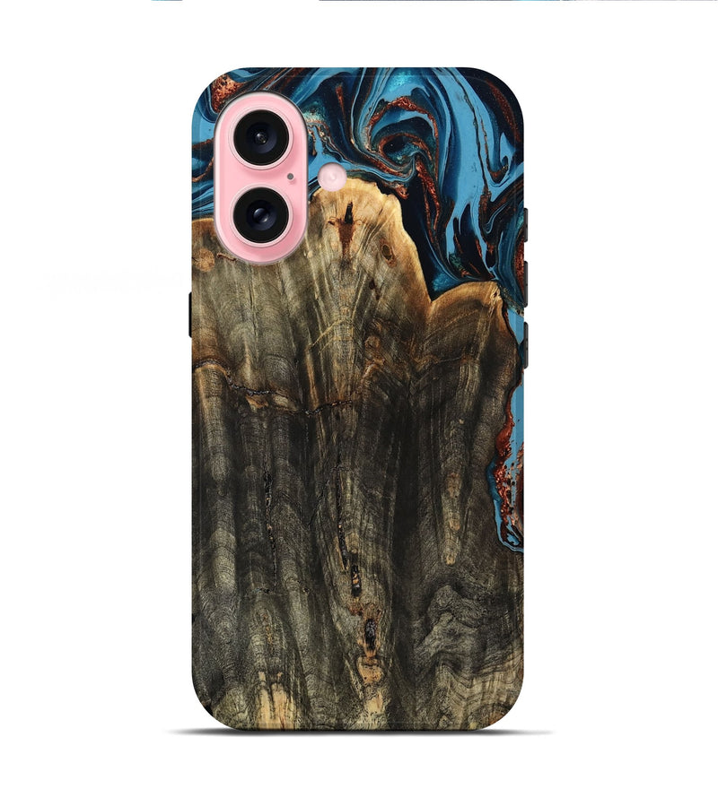 iPhone 16 Wood Live Edge Phone Case - Jasmin (Teal & Gold, 799710)