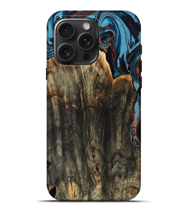 iPhone 16 Pro Max Wood Live Edge Phone Case - Jasmin (Teal & Gold, 799710)