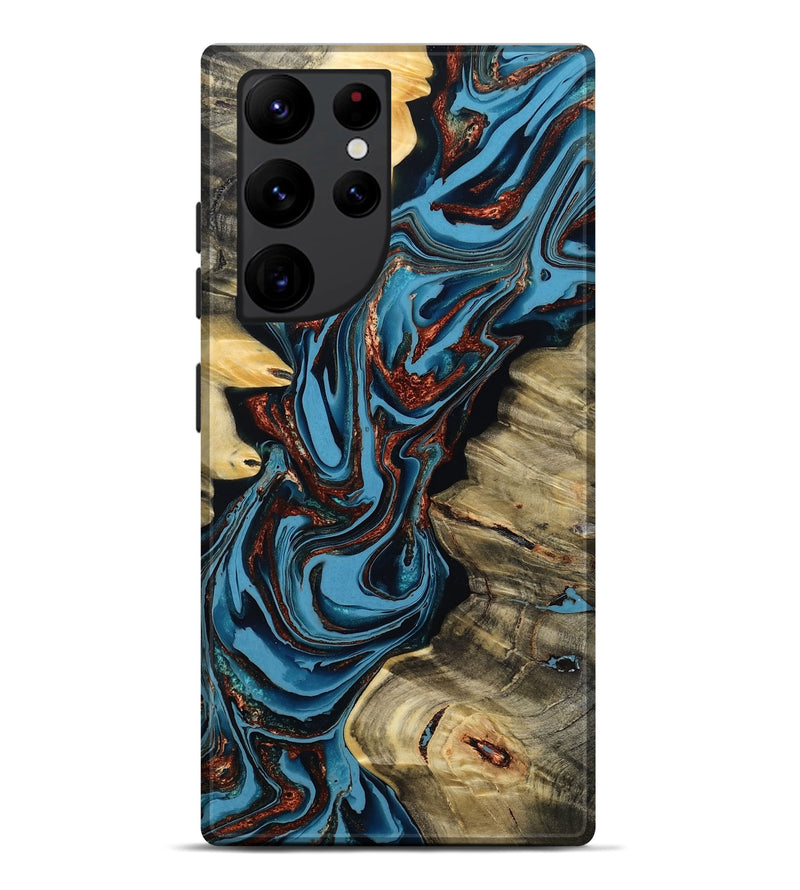 Galaxy S22 Ultra Wood Live Edge Phone Case - Renee (Teal & Gold, 799713)