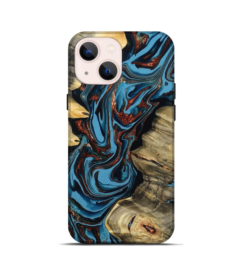 iPhone 13 mini Wood Live Edge Phone Case - Renee (Teal & Gold, 799713)