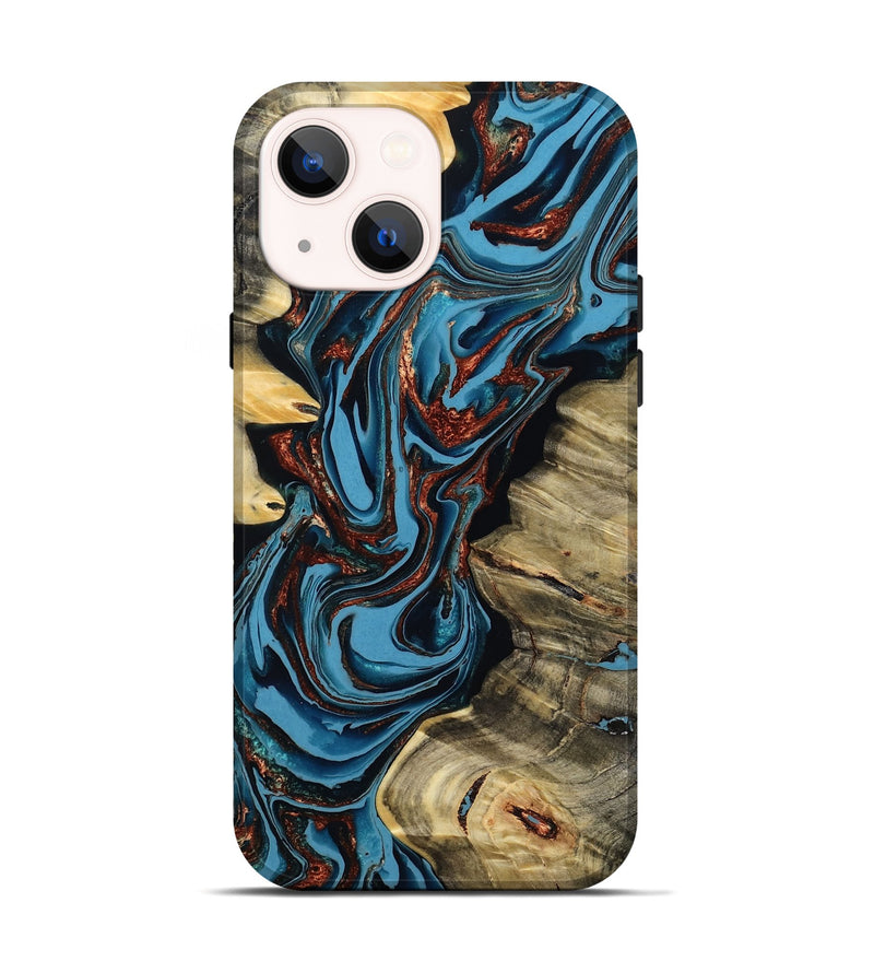 iPhone 14 Wood Live Edge Phone Case - Renee (Teal & Gold, 799713)