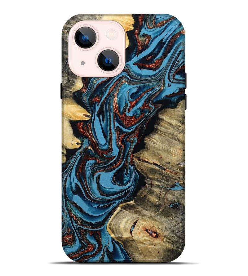 iPhone 14 Plus Wood Live Edge Phone Case - Renee (Teal & Gold, 799713)