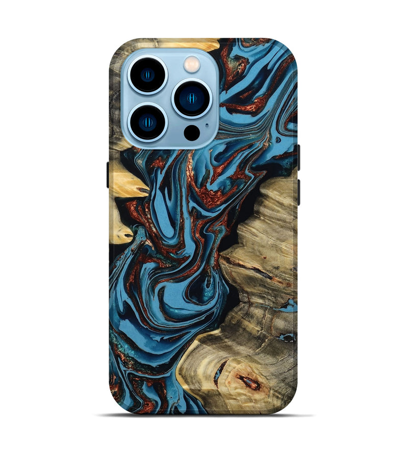 iPhone 14 Pro Wood Live Edge Phone Case - Renee (Teal & Gold, 799713)