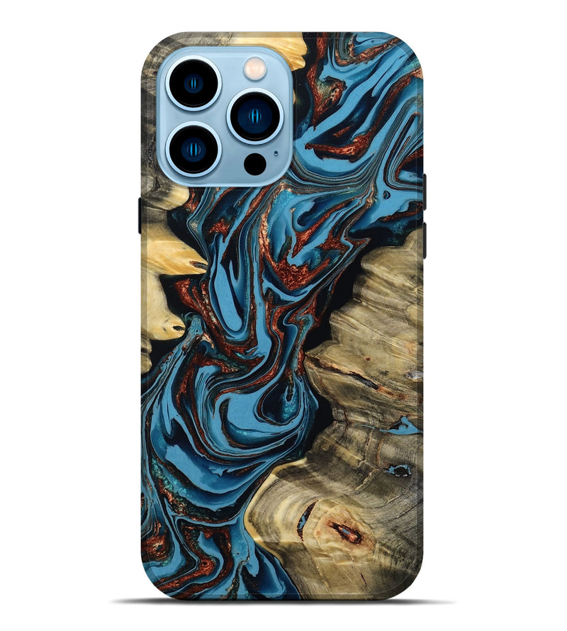 iPhone 14 Pro Max Wood Live Edge Phone Case - Renee (Teal & Gold, 799713)