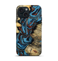 iPhone 15 Wood Live Edge Phone Case - Renee (Teal & Gold, 799713)