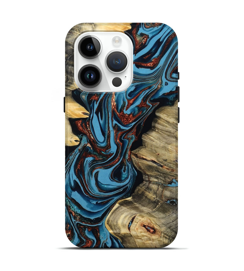 iPhone 15 Pro Wood Live Edge Phone Case - Renee (Teal & Gold, 799713)