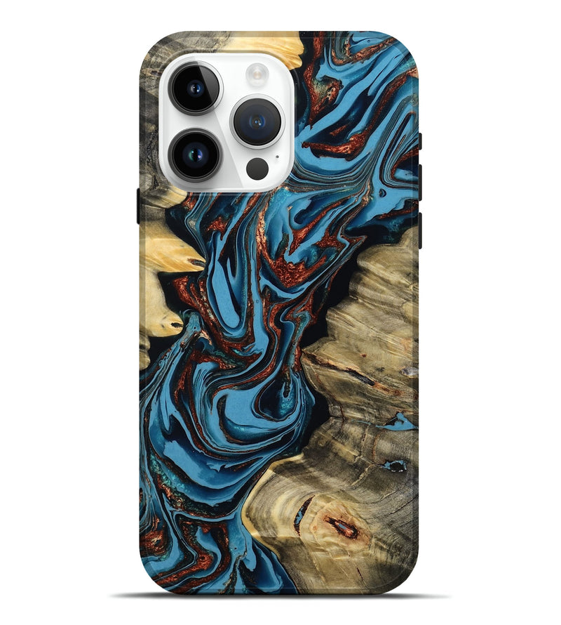 iPhone 15 Pro Max Wood Live Edge Phone Case - Renee (Teal & Gold, 799713)