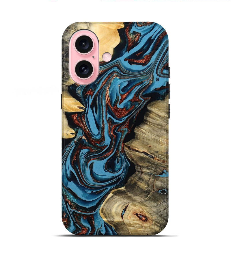 iPhone 16 Wood Live Edge Phone Case - Renee (Teal & Gold, 799713)