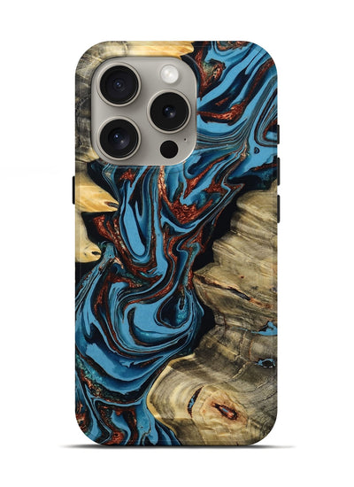 iPhone 16 Pro Wood Live Edge Phone Case - Renee (Teal & Gold, 799713)