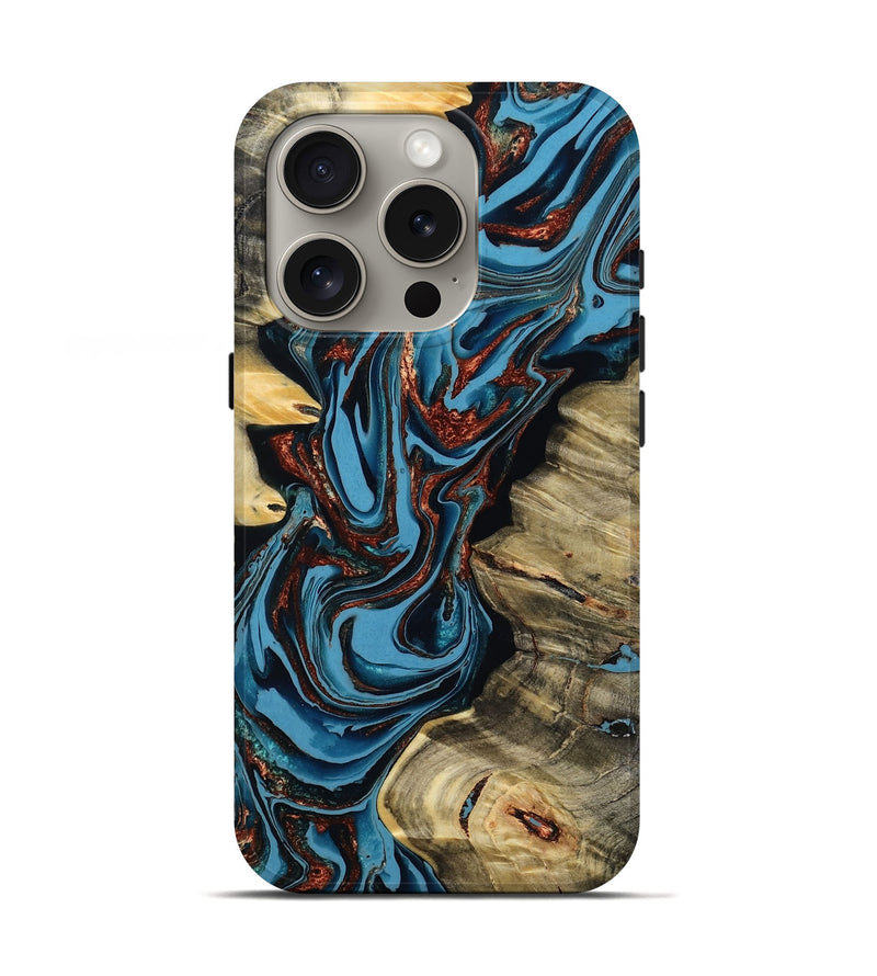 iPhone 16 Pro Wood Live Edge Phone Case - Renee (Teal & Gold, 799713)