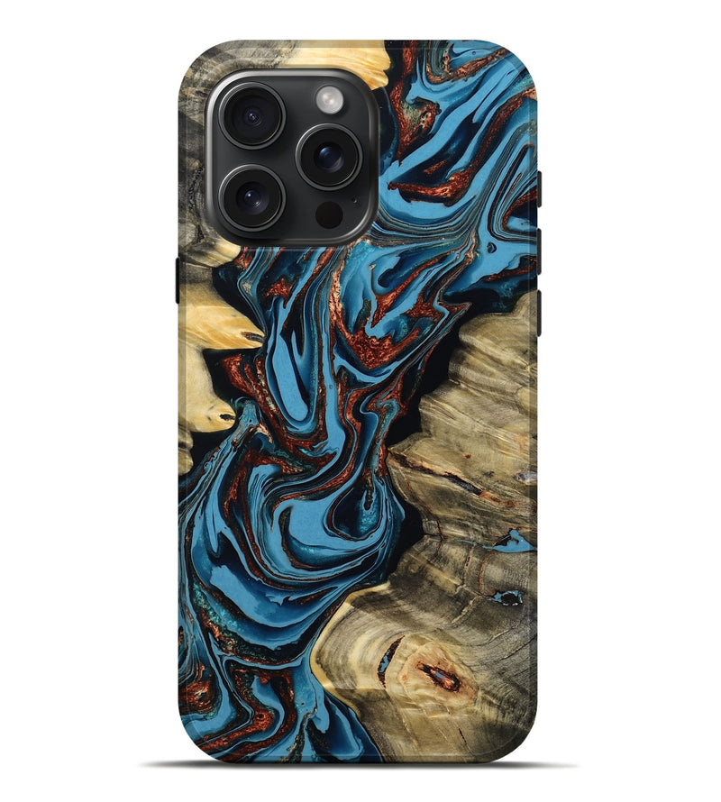 iPhone 16 Pro Max Wood Live Edge Phone Case - Renee (Teal & Gold, 799713)
