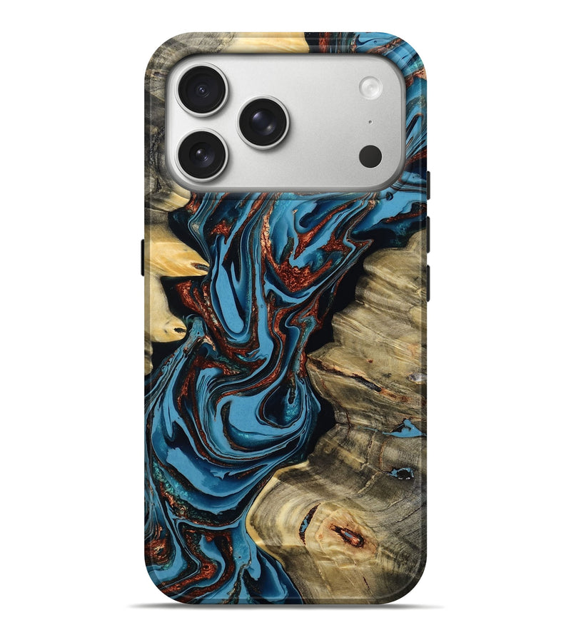 iPhone 17 Pro Max Wood Live Edge Phone Case - Renee (Teal & Gold, 799713)