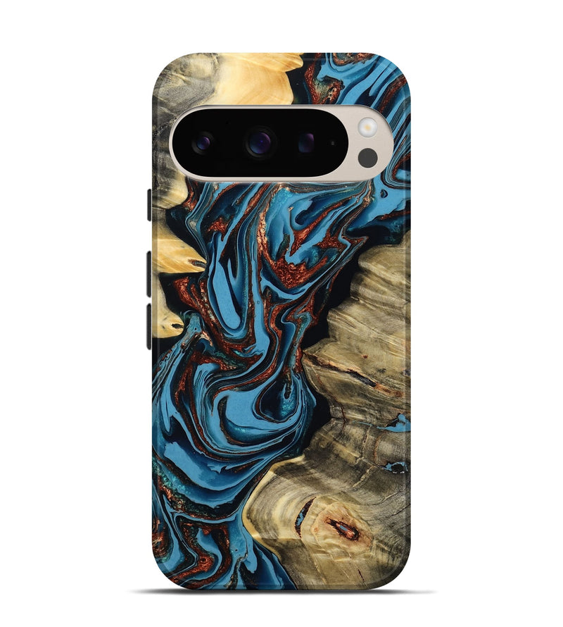 Pixel 9 Pro Wood Live Edge Phone Case - Renee (Teal & Gold, 799713)