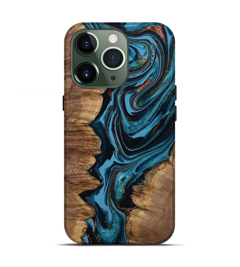 iPhone 13 Pro Wood Live Edge Phone Case - Josue (Teal & Gold, 799720)