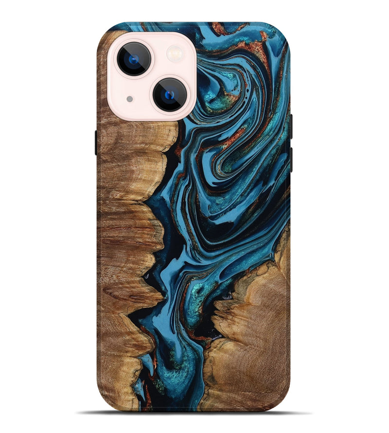 iPhone 14 Plus Wood Live Edge Phone Case - Josue (Teal & Gold, 799720)