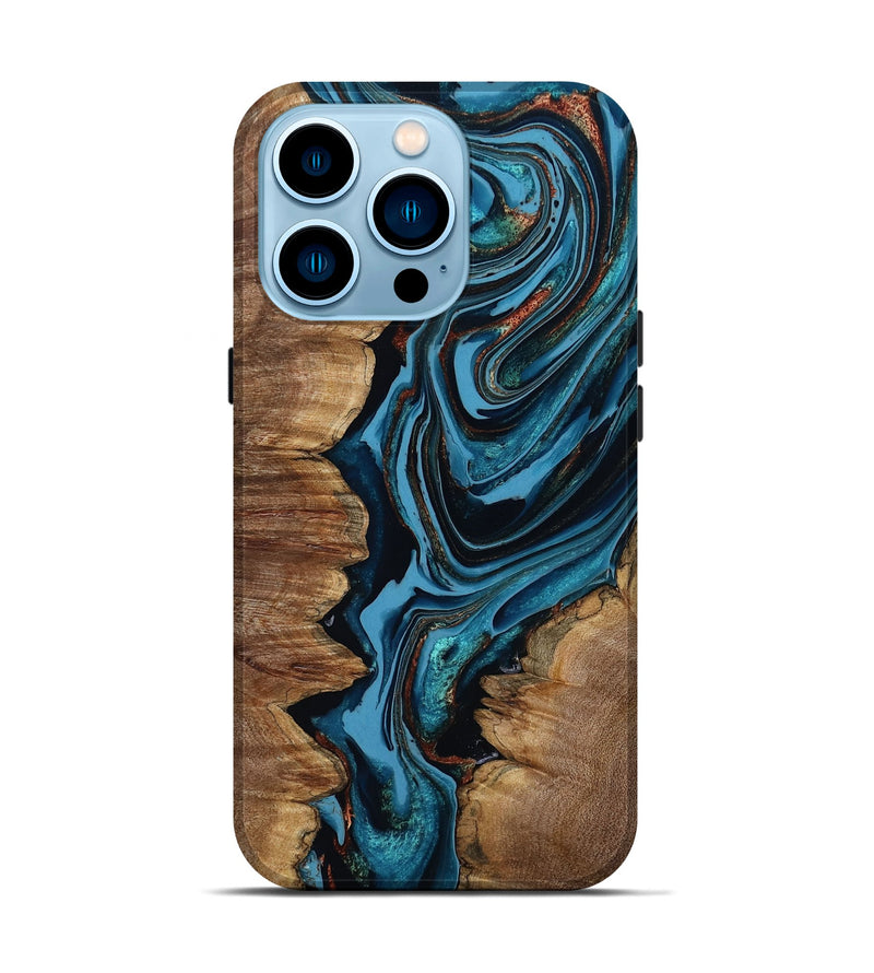 iPhone 14 Pro Wood Live Edge Phone Case - Josue (Teal & Gold, 799720)