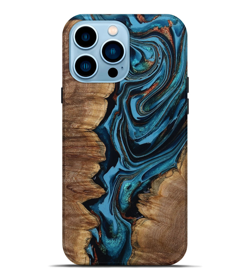 iPhone 14 Pro Max Wood Live Edge Phone Case - Josue (Teal & Gold, 799720)
