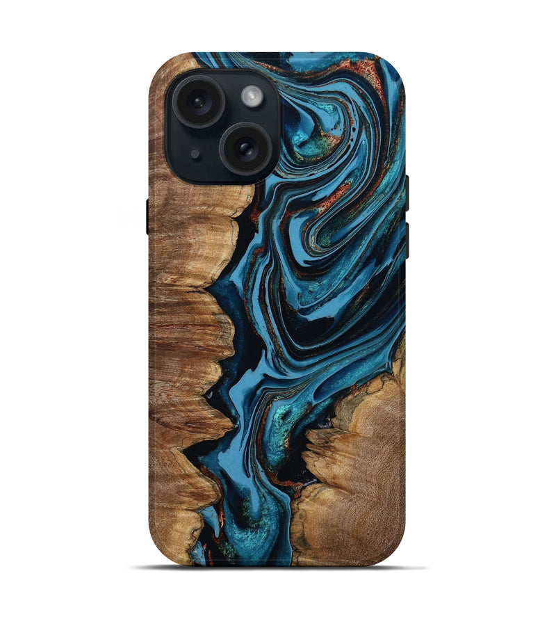 iPhone 15 Wood Live Edge Phone Case - Josue (Teal & Gold, 799720)