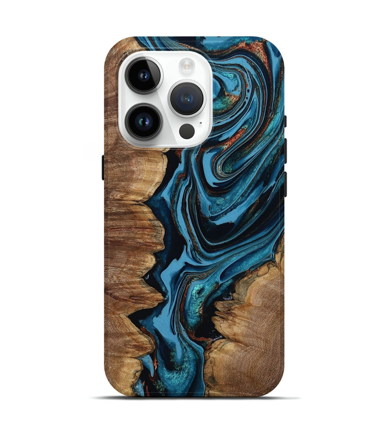 iPhone 15 Pro Wood Live Edge Phone Case - Josue (Teal & Gold, 799720)