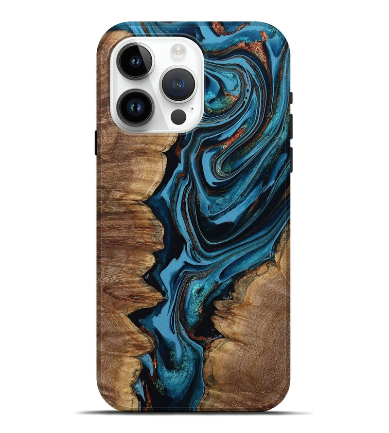 iPhone 15 Pro Max Wood Live Edge Phone Case - Josue (Teal & Gold, 799720)