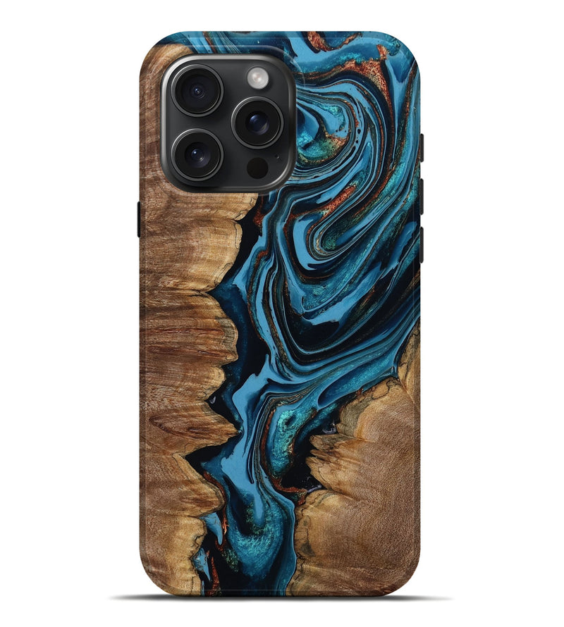 iPhone 16 Pro Max Wood Live Edge Phone Case - Josue (Teal & Gold, 799720)