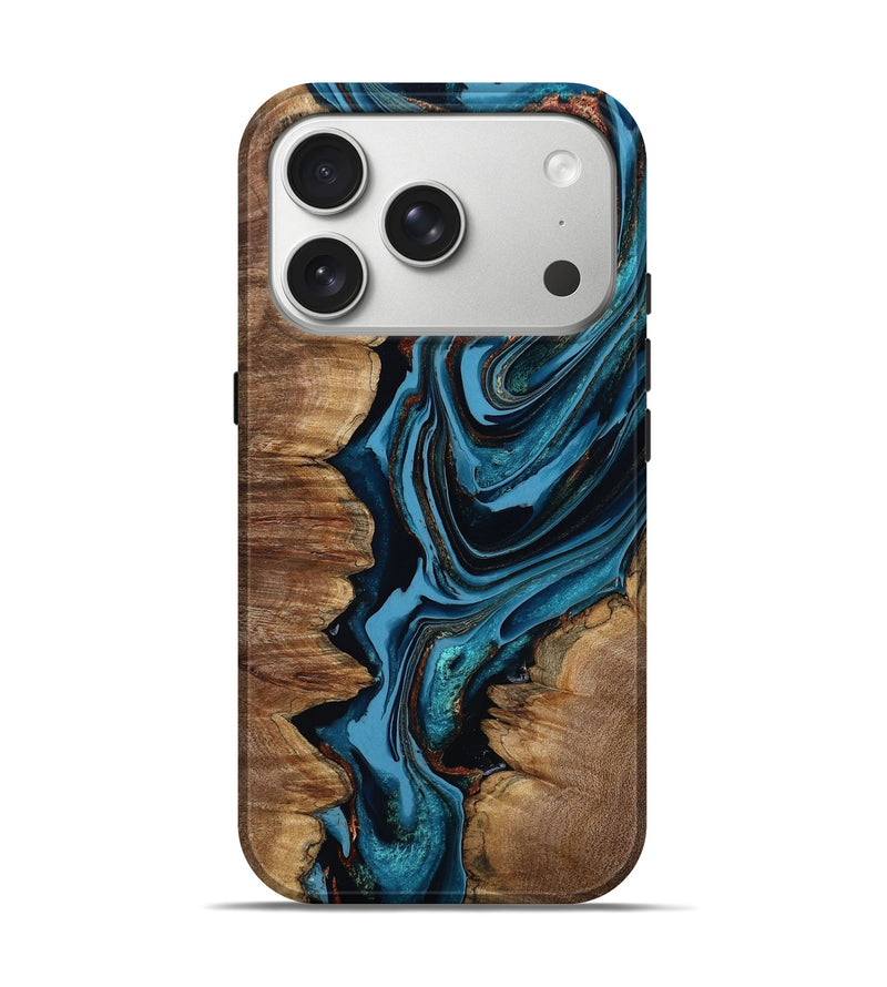 iPhone 17 Pro Wood Live Edge Phone Case - Josue (Teal & Gold, 799720)