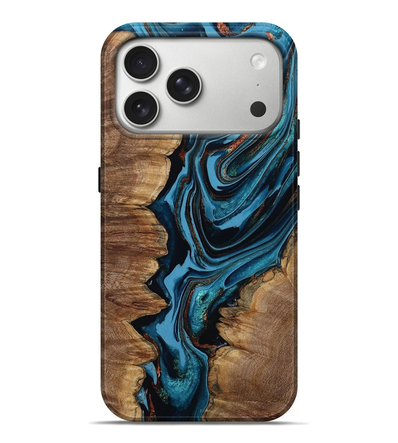 iPhone 17 Pro Max Wood Live Edge Phone Case - Josue (Teal & Gold, 799720)