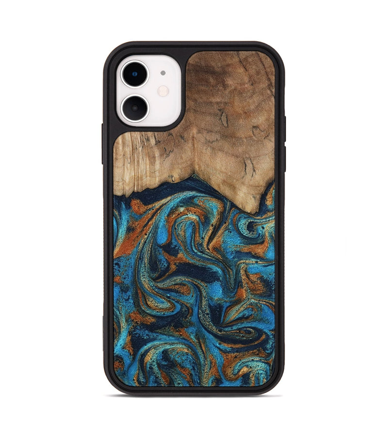 iPhone 11 Wood Phone Case - Brea (Teal & Gold, 800025)