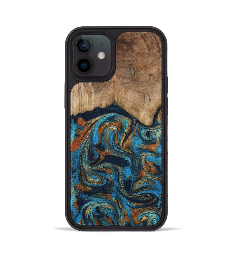 iPhone 12 Wood Phone Case - Brea (Teal & Gold, 800025)