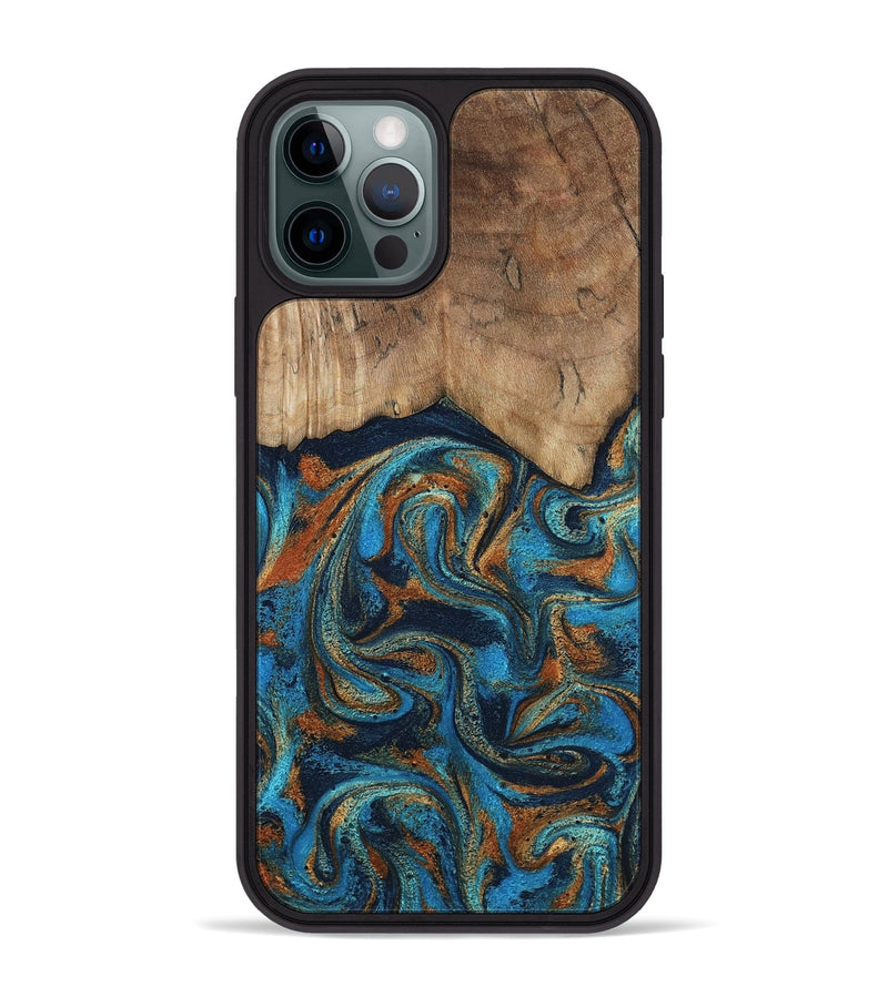 iPhone 12 Pro Max Wood Phone Case - Brea (Teal & Gold, 800025)