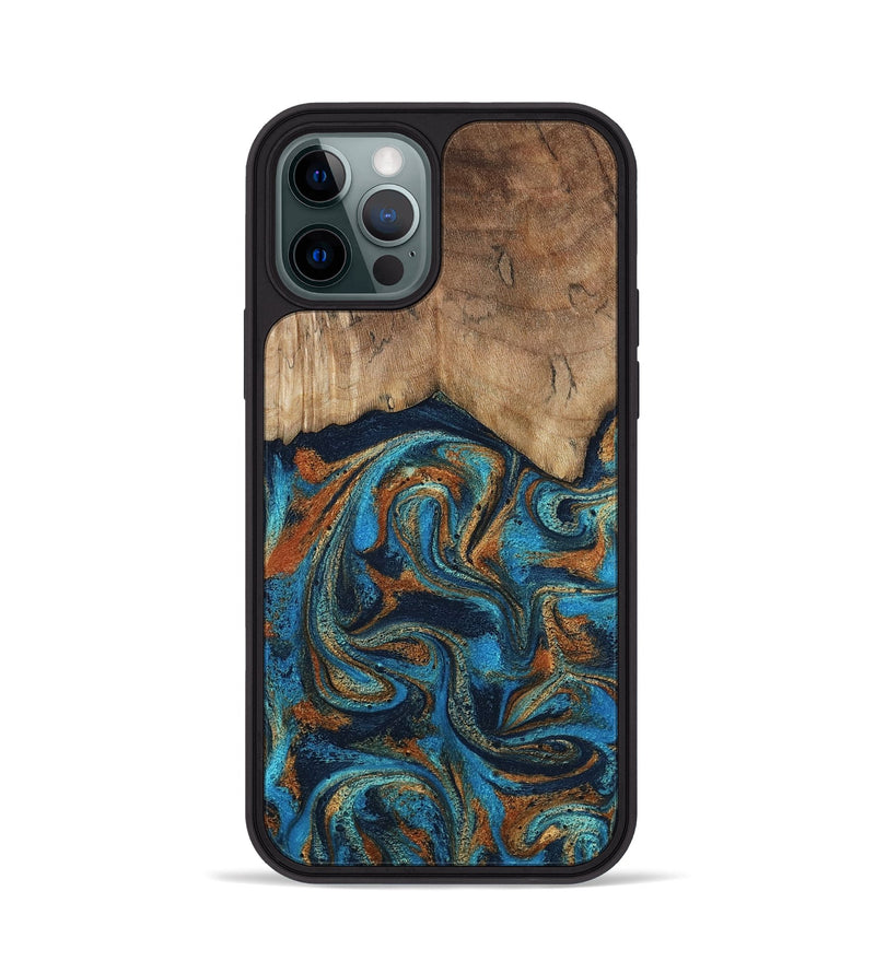 iPhone 12 Pro Wood Phone Case - Brea (Teal & Gold, 800025)