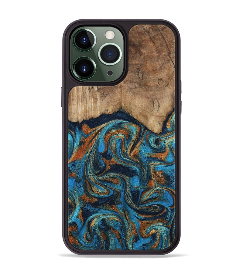 iPhone 13 Pro Max Wood Phone Case - Brea (Teal & Gold, 800025)