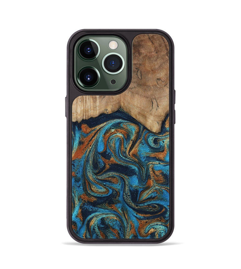 iPhone 13 Pro Wood Phone Case - Brea (Teal & Gold, 800025)