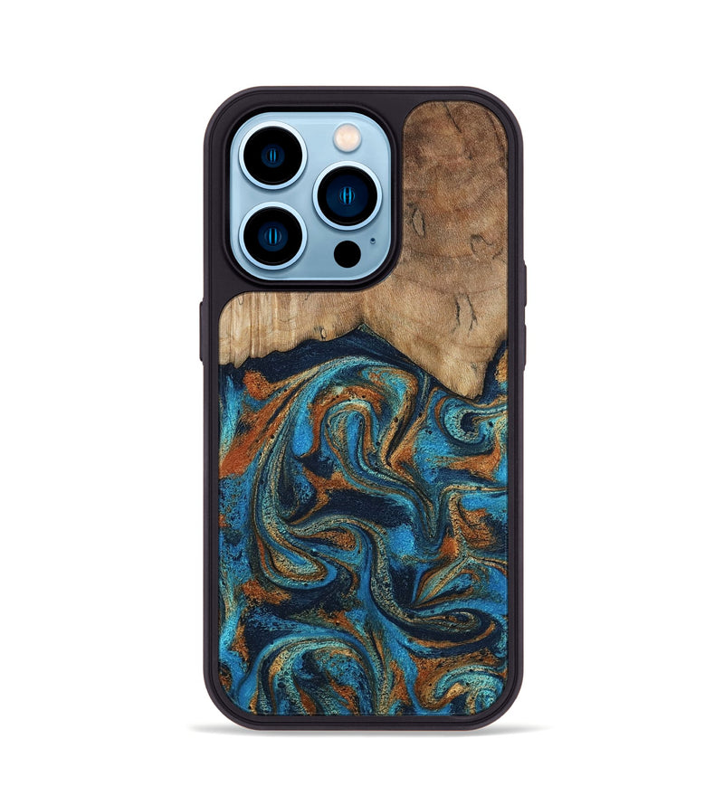 iPhone 14 Pro Wood Phone Case - Brea (Teal & Gold, 800025)