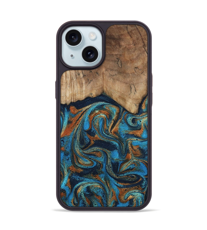 iPhone 15 Wood Phone Case - Brea (Teal & Gold, 800025)