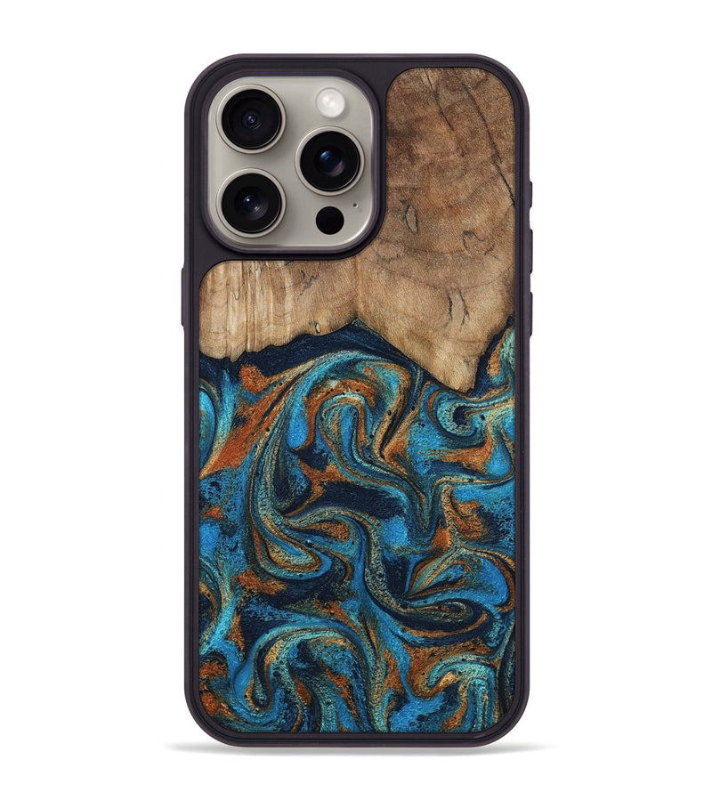 iPhone 15 Pro Max Wood Phone Case - Brea (Teal & Gold, 800025)
