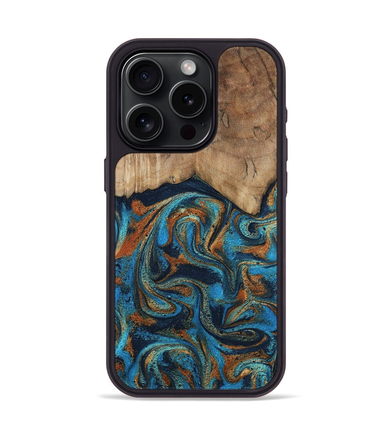iPhone 15 Pro Wood Phone Case - Brea (Teal & Gold, 800025)