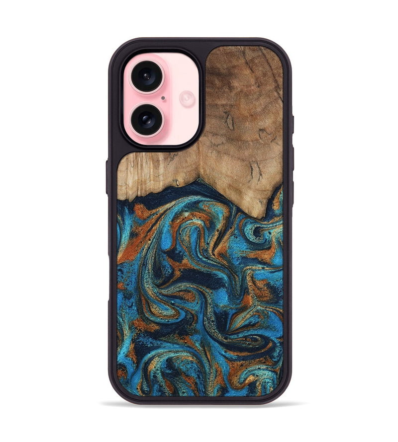 iPhone 16 Wood Phone Case - Brea (Teal & Gold, 800025)