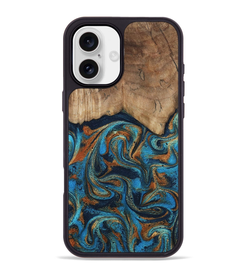 iPhone 16 Plus Wood Phone Case - Brea (Teal & Gold, 800025)