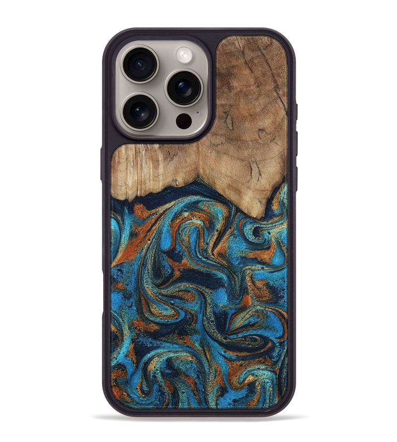 iPhone 16 Pro Max Wood Phone Case - Brea (Teal & Gold, 800025)