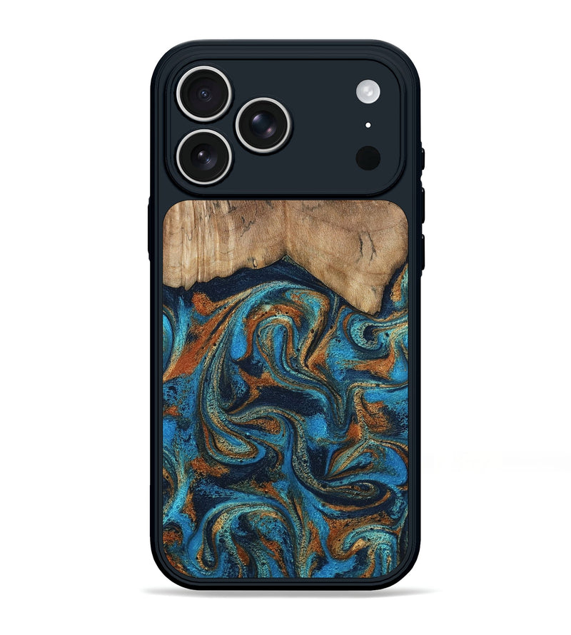 iPhone 17 Pro Max Wood Phone Case - Brea (Teal & Gold, 800025)
