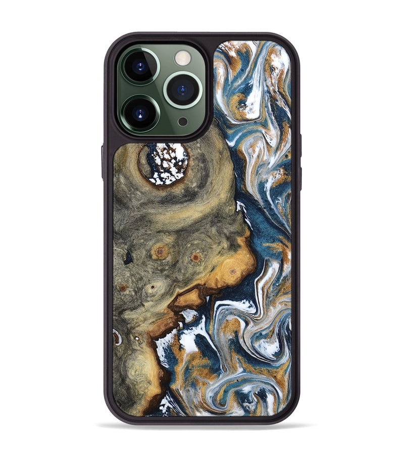 iPhone 13 Pro Max Wood Phone Case - Devonta (Teal & Gold, 800026)