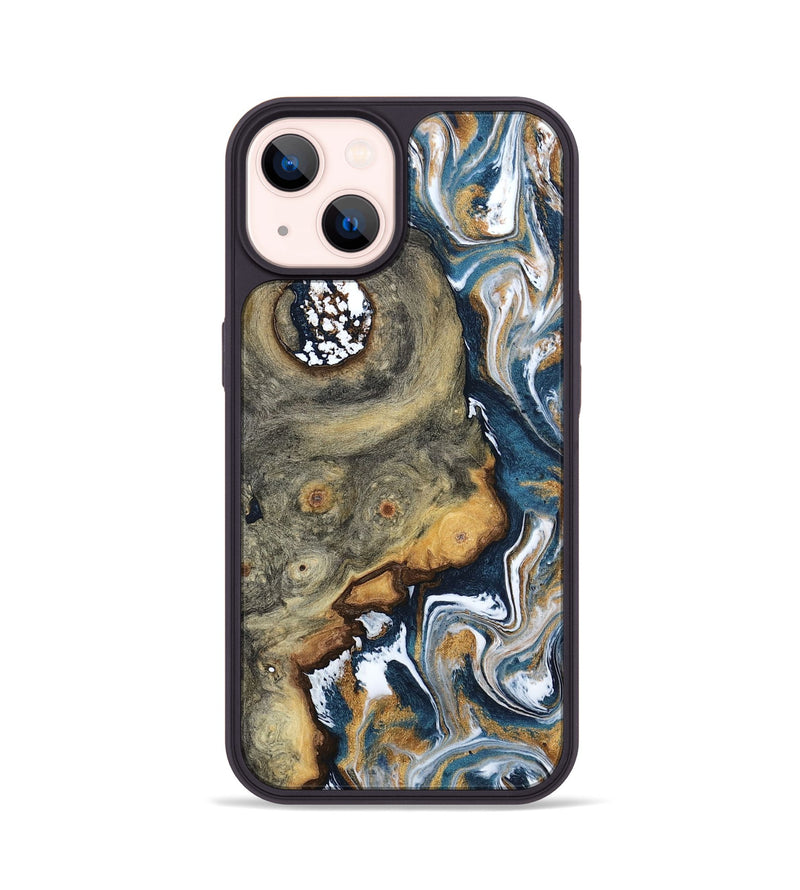 iPhone 14 Wood Phone Case - Devonta (Teal & Gold, 800026)