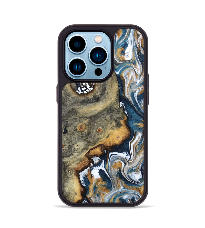 iPhone 14 Pro Wood Phone Case - Devonta (Teal & Gold, 800026)
