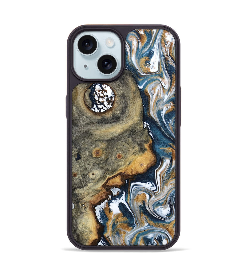 iPhone 15 Wood Phone Case - Devonta (Teal & Gold, 800026)