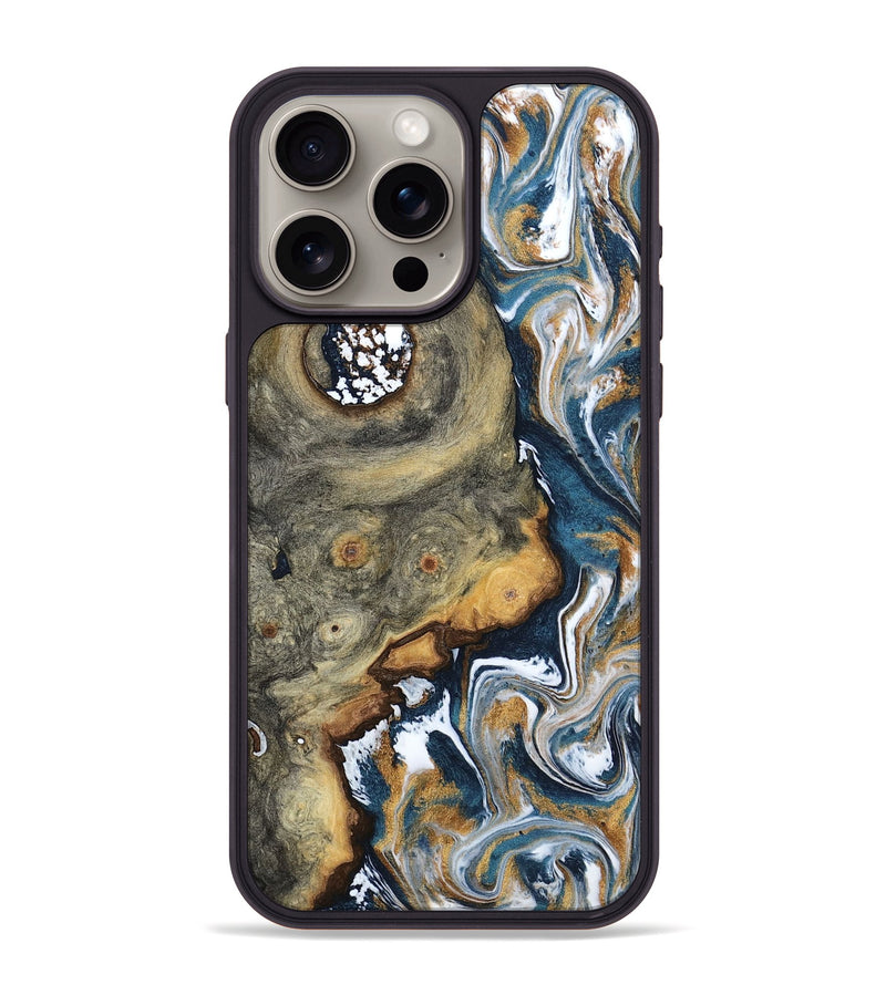 iPhone 15 Pro Max Wood Phone Case - Devonta (Teal & Gold, 800026)