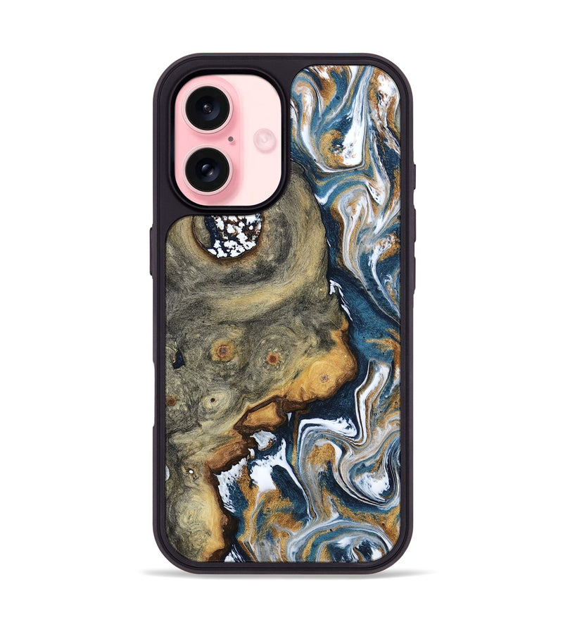 iPhone 16 Wood Phone Case - Devonta (Teal & Gold, 800026)