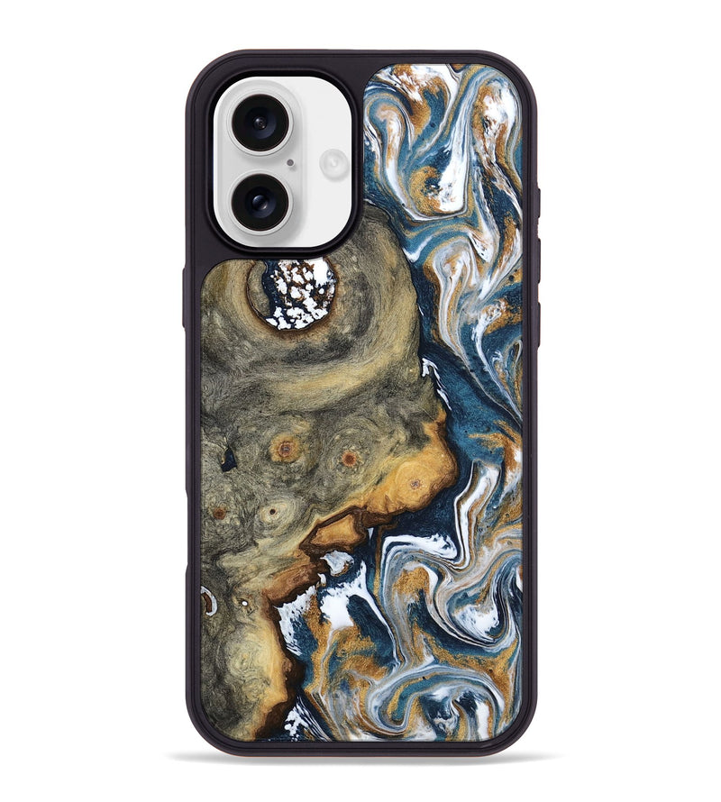 iPhone 16 Plus Wood Phone Case - Devonta (Teal & Gold, 800026)